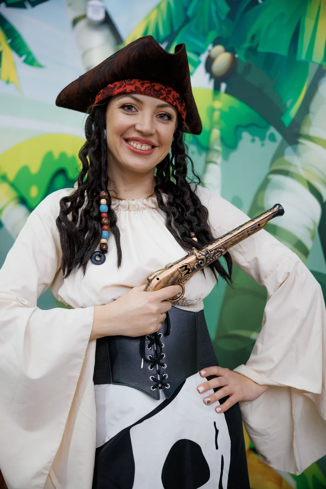 Pirate birthday party entertainer in costume posing for children's event in Illinois