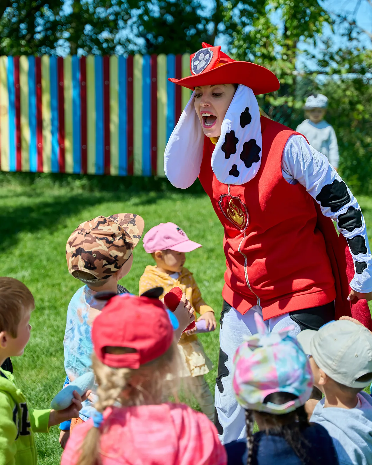 Paw Patrol Marshall party entertainer playing with kids outdoors