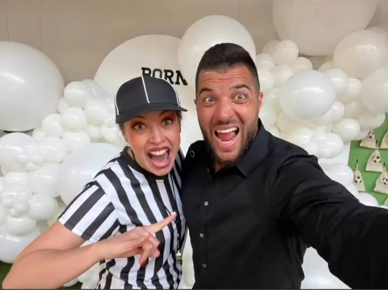 Soccer-themed party jury celebrating with coach